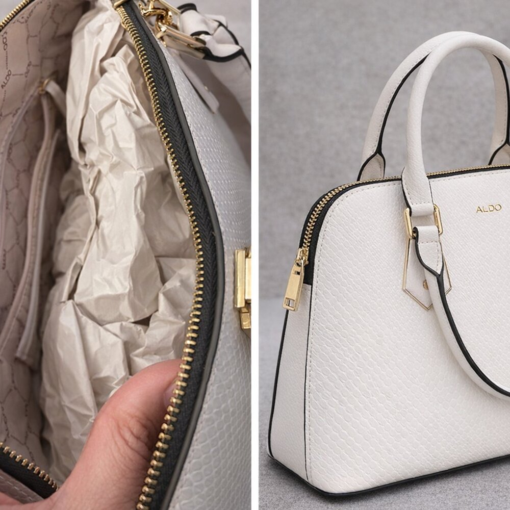 ALDO White Textured Satchel with Gold Hardware & Black Trim - Picture 1 of 1